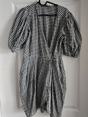 Topshop Black & White Gingham Puff Sleeve Wrap Mini Dress